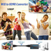 A Wii to HDMI converter device shown next to an HDMI cable and a monitor.