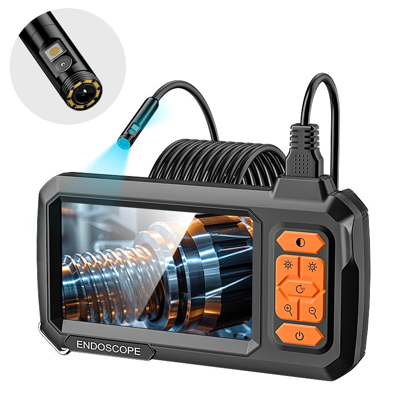 A black industrial endoscope probe device with a camera lens and flexible light is shown next to an inset view of the scope t
