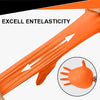 Close-up of heavy-duty orange nitrile work gloves demonstrating excellent elasticity and diamond texture.