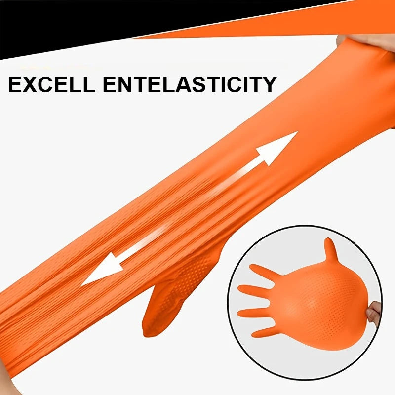 Close-up of heavy-duty orange nitrile work gloves demonstrating excellent elasticity and diamond texture.