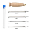A set of leather sewing awls with replaceable needles shown next to a wooden tool handle.