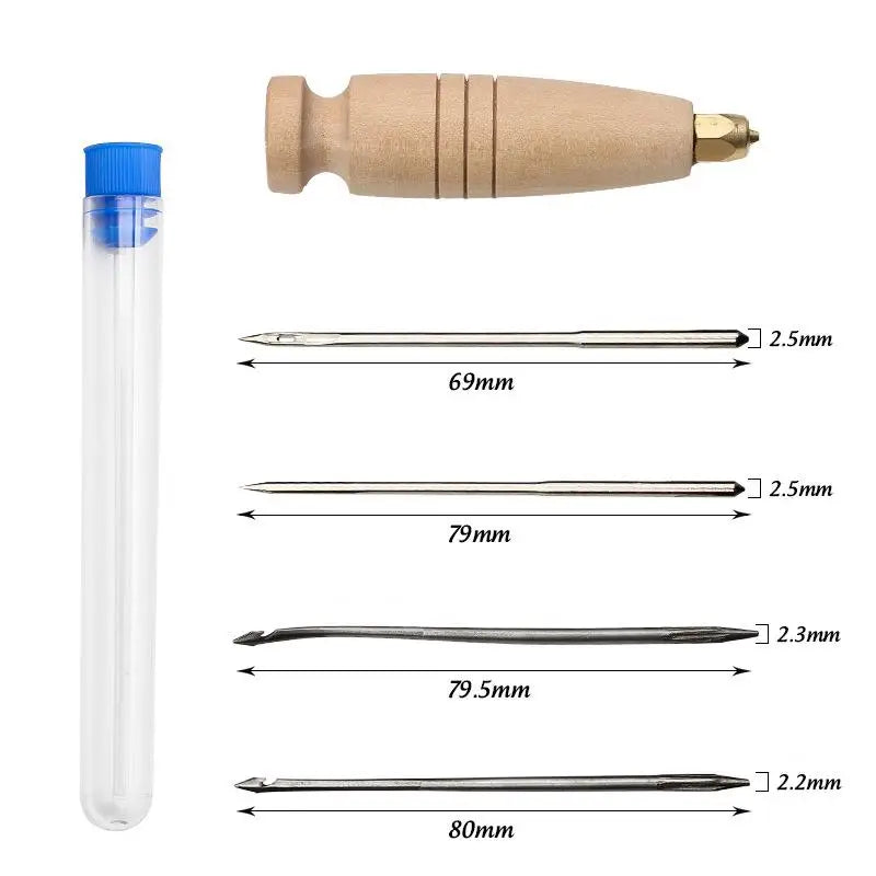 A set of leather sewing awls with replaceable needles shown next to a wooden tool handle.