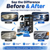 Before and after comparison showing restored foggy headlights using a headlight restoration kit