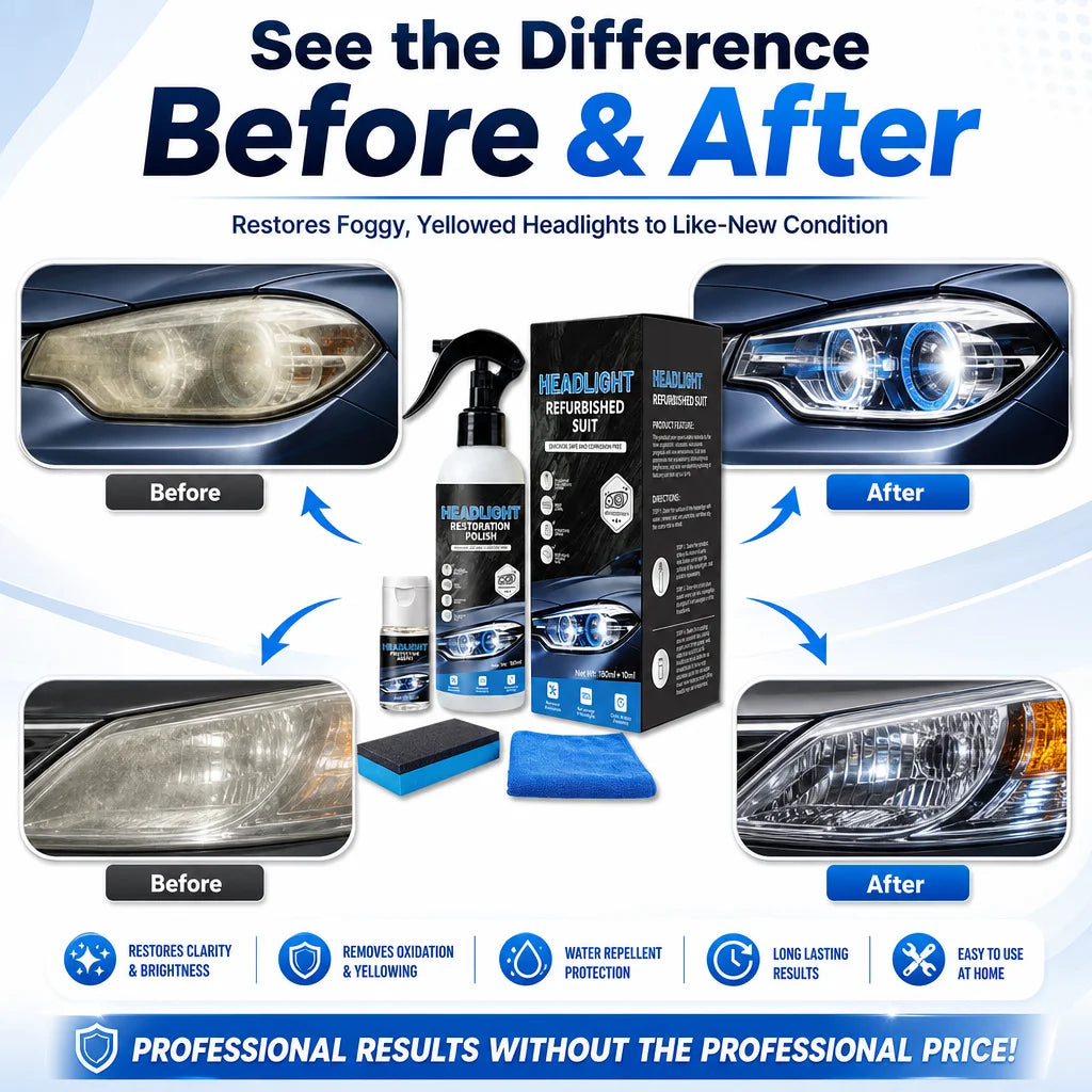 Before and after comparison showing restored foggy headlights using a headlight restoration kit