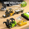 Mini Alloy Forklift for Desktop featuring a yellow vehicle and green remote control and trailer.
