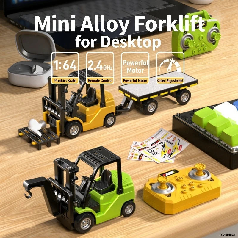 Mini Alloy Forklift for Desktop featuring a yellow vehicle and green remote control and trailer.