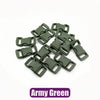 A pile of Army Green plastic side-release buckles for paracord bracelet projects.