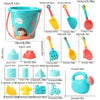 A collection of 18 plastic beach and sand toys including shovels, molds, and fun items for children.