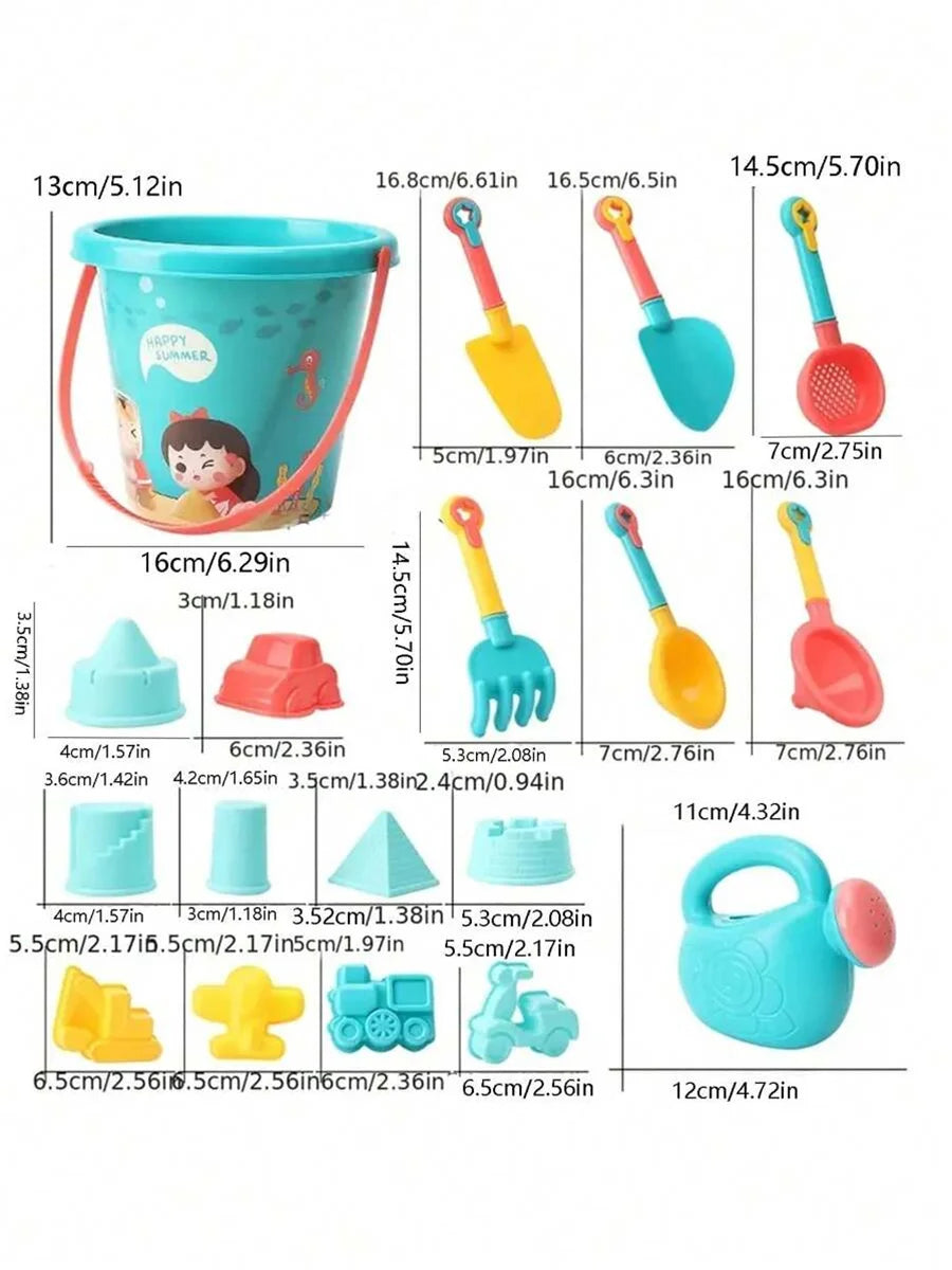 A collection of 18 plastic beach and sand toys including shovels, molds, and fun items for children.