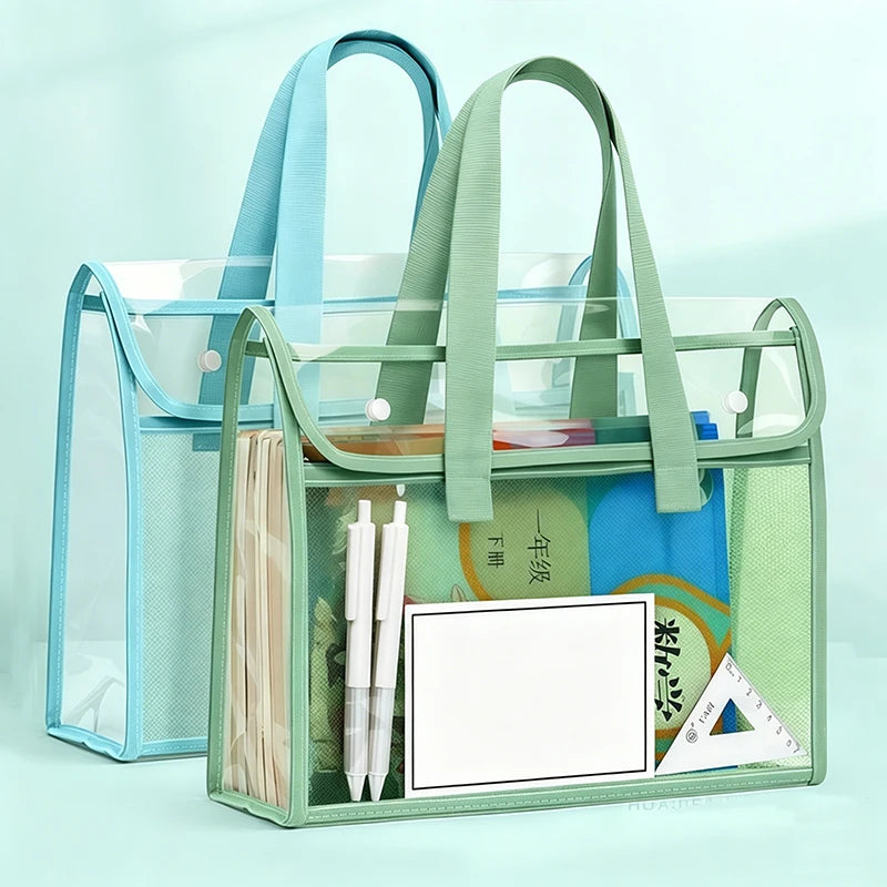 A clear plastic waterproof expandable document folder in light green and blue tones.