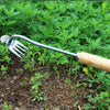 Stainless steel weeding tool with a fork and wood handle used for garden root removal.