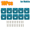 Ten blue wall-mount battery holders and screws for Makita power tools