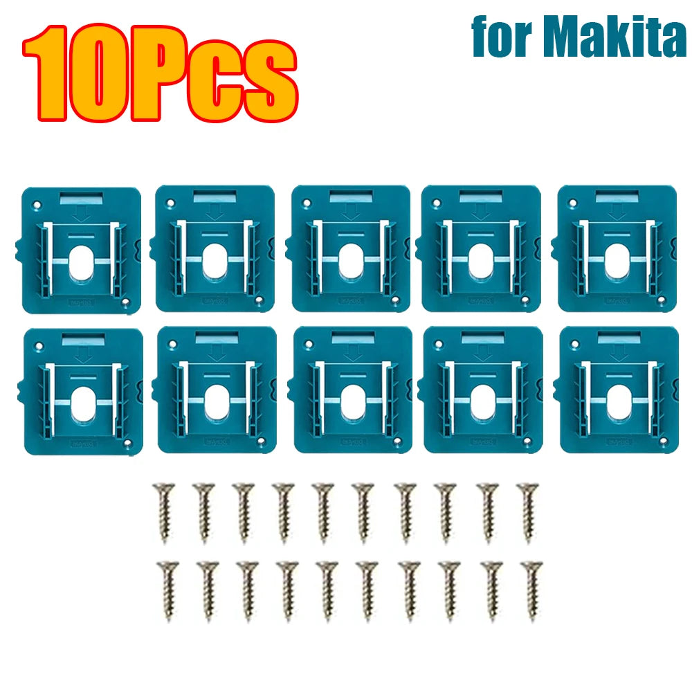 Ten blue wall-mount battery holders and screws for Makita power tools