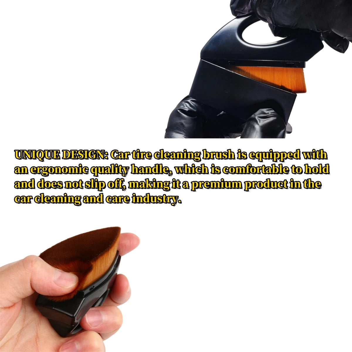 A hand holds a black and wooden car tire cleaning brush with an ergonomic handle.
