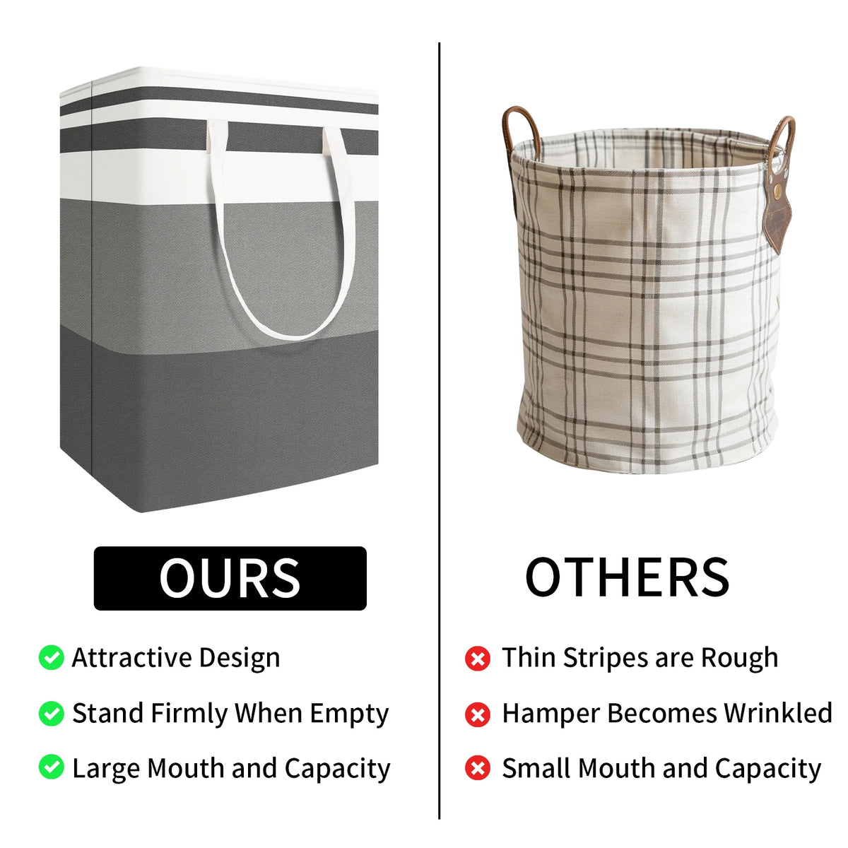 A laundry hamper with a plaid fabric pattern is shown next to its folded box, highlighting attractive design and large capaci
