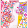 Eine Sammlung von rosa und farbenfrohen Kawaii-Cartoon-Tier-Scrapbook-Sticker auf weißem Hintergrund.