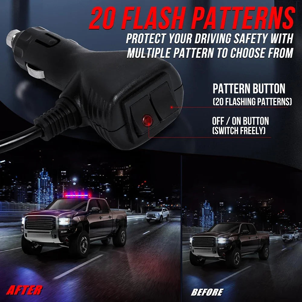 A black LED flash pattern light bar is shown with an after and before comparison of a truck.