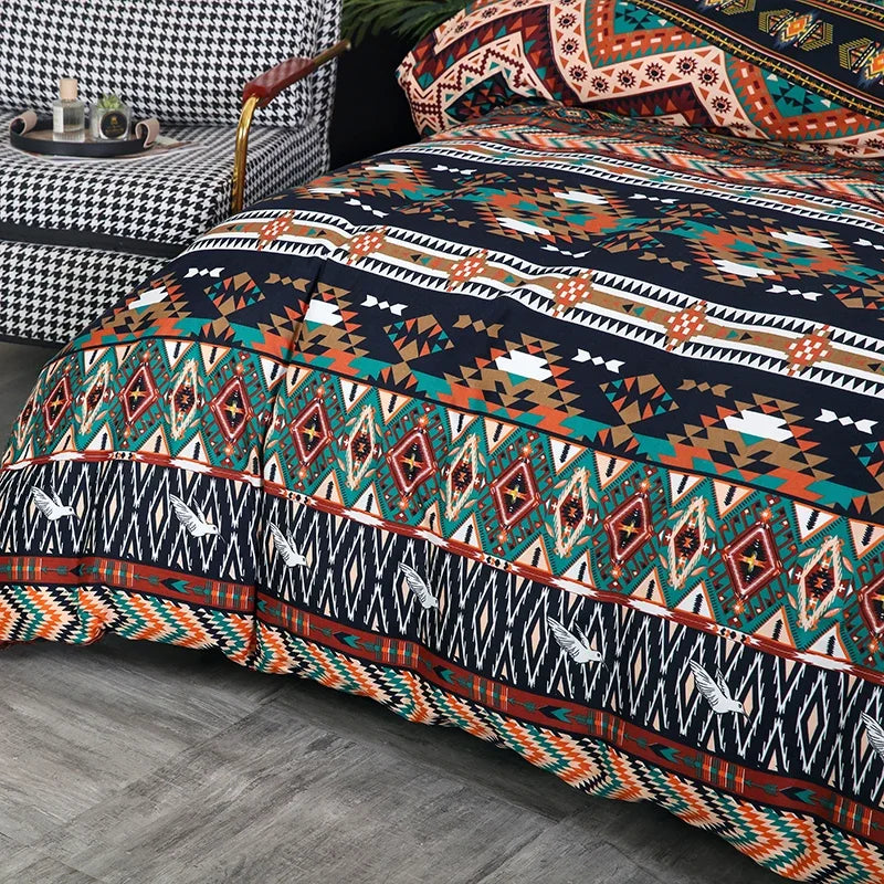 A close-up of a boho striped geometric duvet cover set featuring earthy tones and intricate patterns.