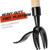 A close-up of a heavy-duty foot platform tool with a wooden handle and black gripping fingers for weed pulling.