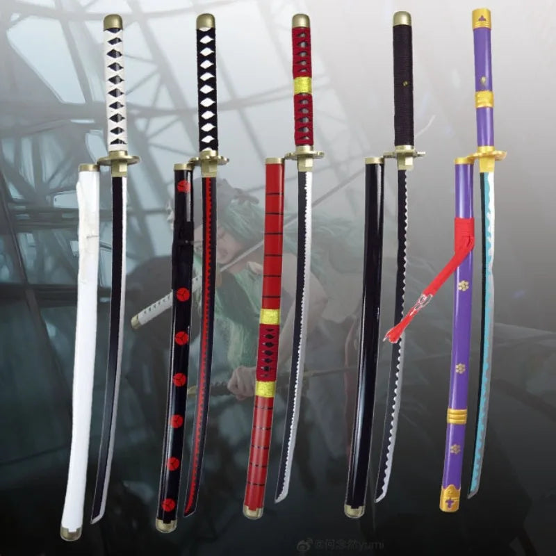 A collection of Roronoa Zoro 41-inch katana cosplay swords in various colors and designs.