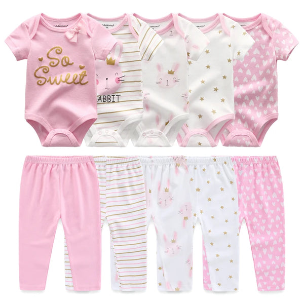 Cuatro bodies de algodón rosa y blanco para bebé recién nacido, con pantalones