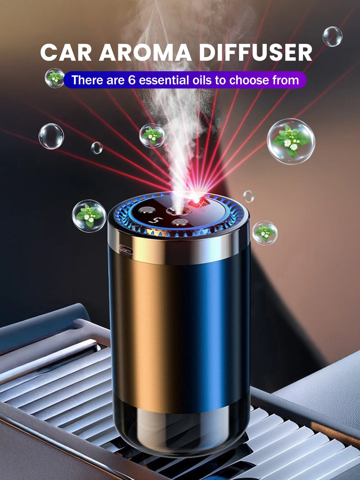 Diffuseur d'huiles essentielles portable pour voiture avec faisceaux lumineux LED
