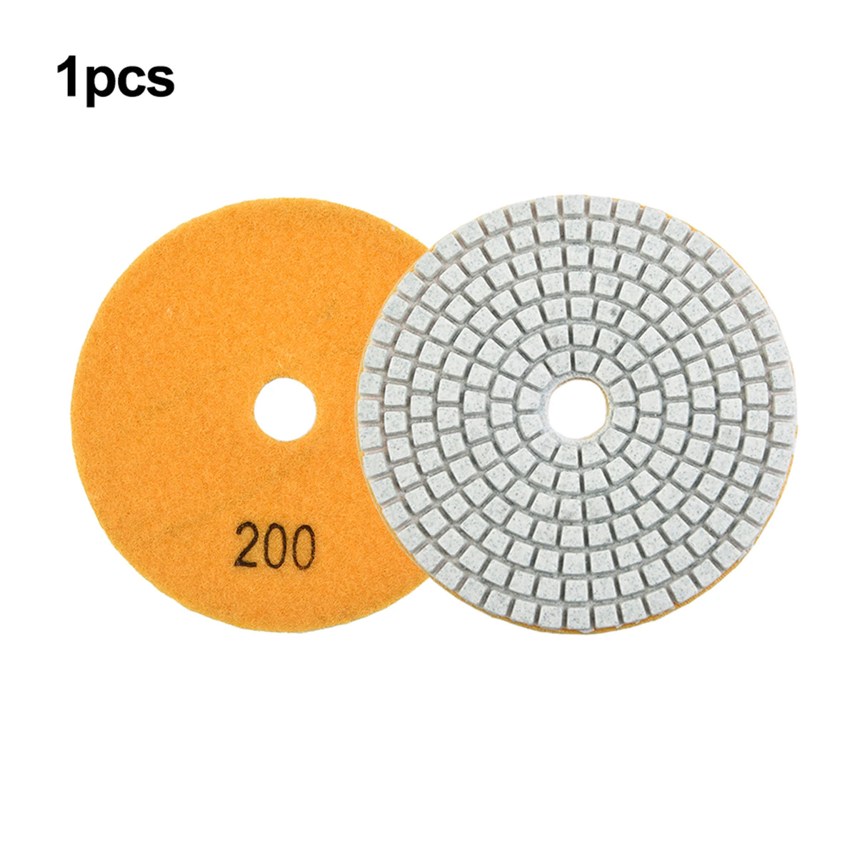 A set of two diamond polishing pads, one orange and one gray, for stone and concrete work.