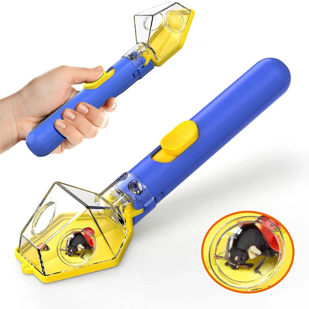 A hand holds a yellow and blue eco-friendly bug catcher and magnifying viewer for kids.