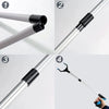 Four steps showing the assembly and use of a silver and black foldable extra-long pickup tool.