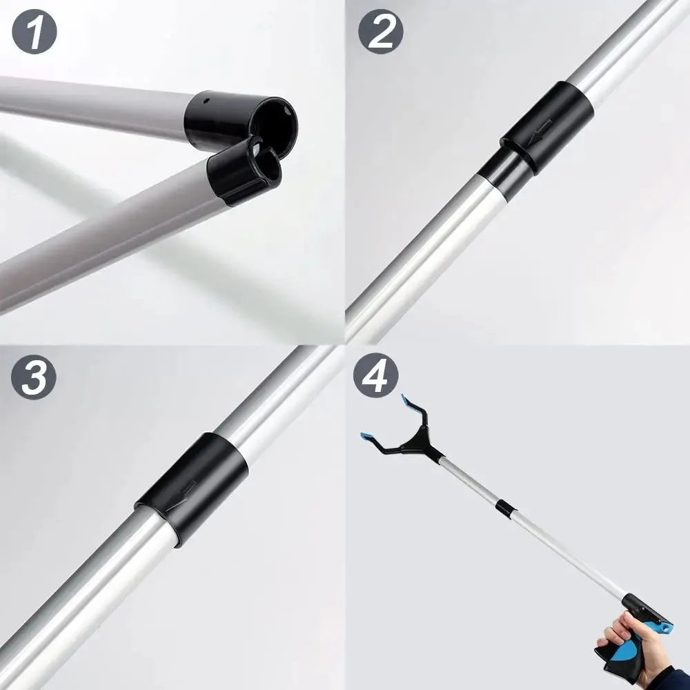 Four steps showing the assembly and use of a silver and black foldable extra-long pickup tool.