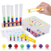 A set of Montessori wooden bead sorting game components including test tubes, beads, and a yellow clamping tool.