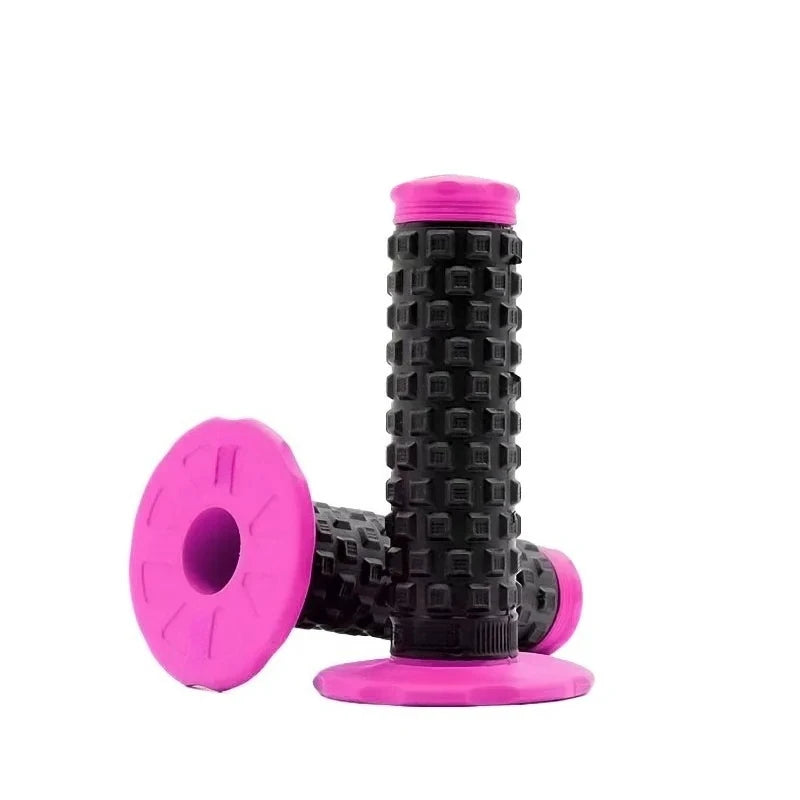 A pair of bright pink motorcycle pillow top grips for handlebars.