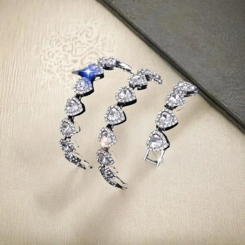 Heart Rhinestone Tennis Chain Necklace & Bracelet Set