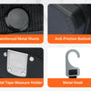 Various components of a heavy-duty electrician tool bag including polyester fabric, metal rivets, anti-friction bottom, velcr