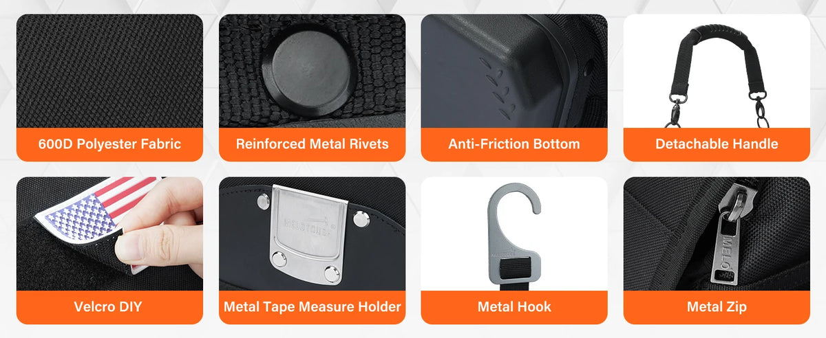 Various components of a heavy-duty electrician tool bag including polyester fabric, metal rivets, anti-friction bottom, velcr