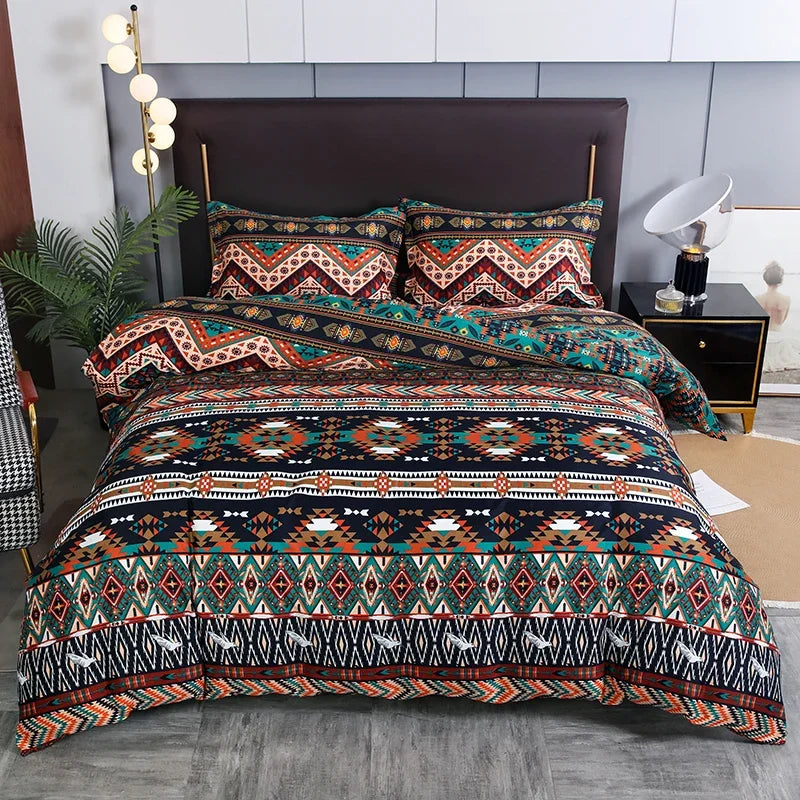 A patterned duvet cover set featuring geometric stripes in earthy tones of teal, orange, and brown on a bed.