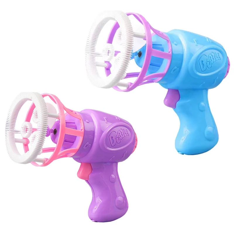 A blue and purple automatic bubble gun for kids with soft fan blades shown in two views.