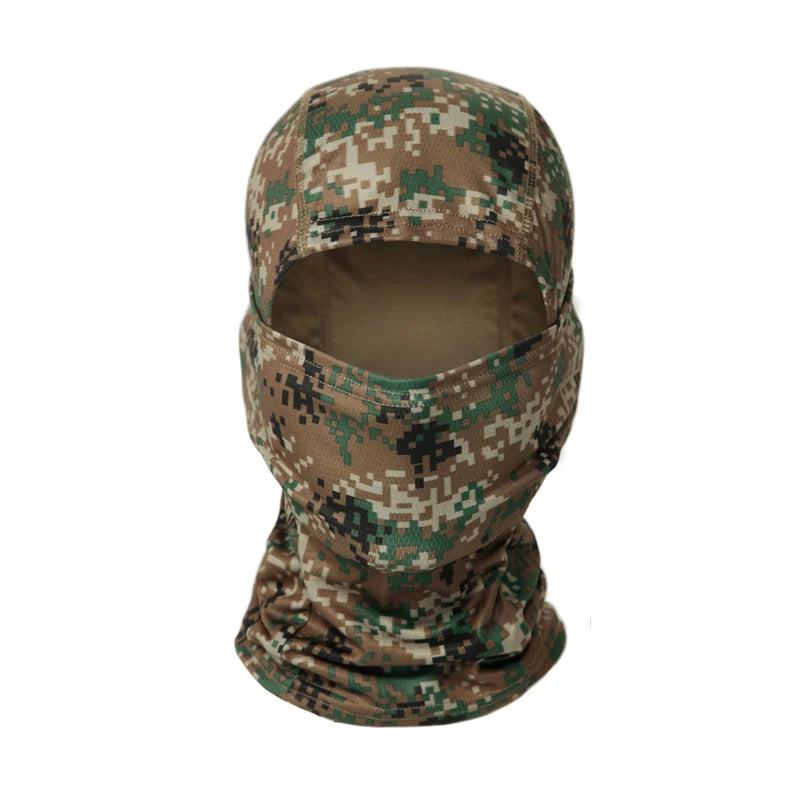 A camouflage balaclava cap in green and brown patterns
