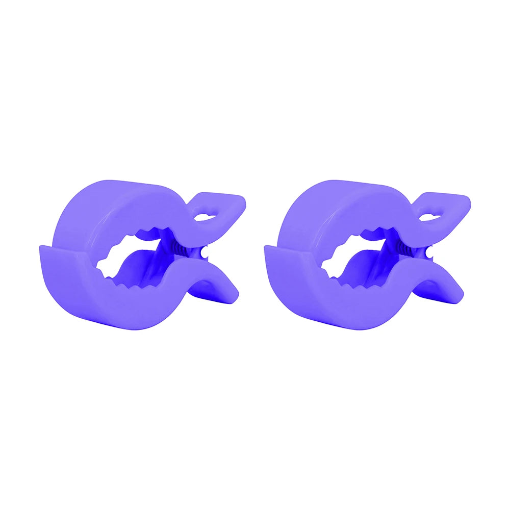 A pair of purple baby stroller blanket clips, designed as a universal holder for prams and carriers.