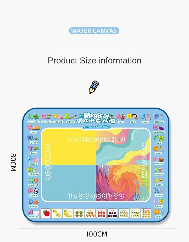 A large reusable water canvas product showing various letters, numbers, and shapes for kids to draw on.