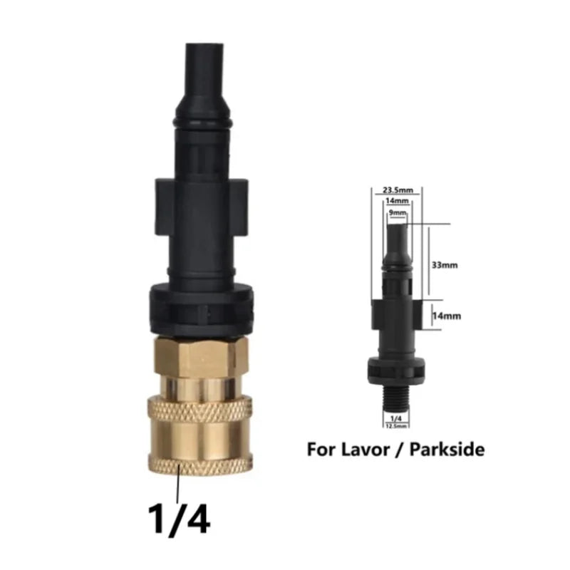 Black heavy-duty quick release adapter with various sized fittings for pressure washers