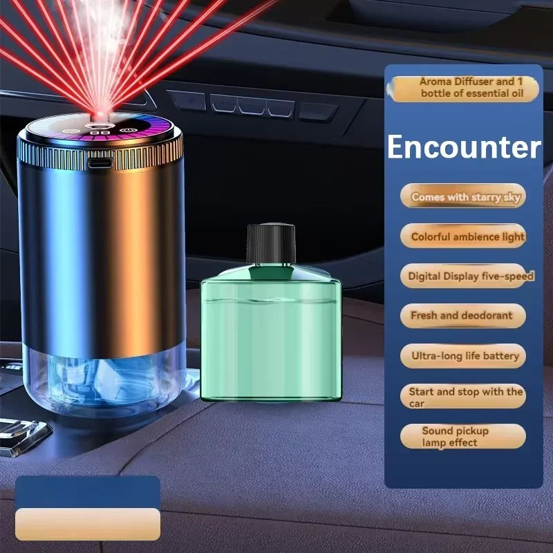 A rechargeable car aroma diffuser with a glass bottle and starry sky ambient light display