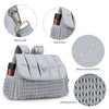 A light gray waterproof diaper bag featuring a textured fabric, side pockets, and adjustable straps.