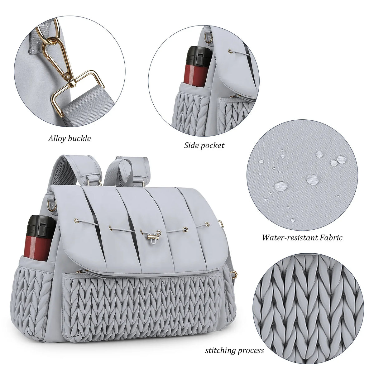 A light gray waterproof diaper bag featuring a textured fabric, side pockets, and adjustable straps.