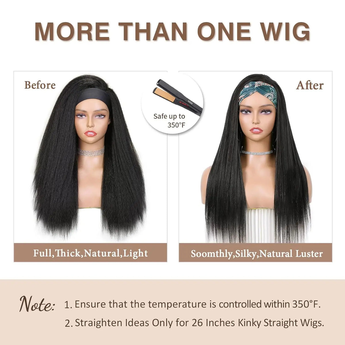 Comparación antes y después de una peluca negra mostrando la transformación de cabello natural grueso y brillante a suave y s