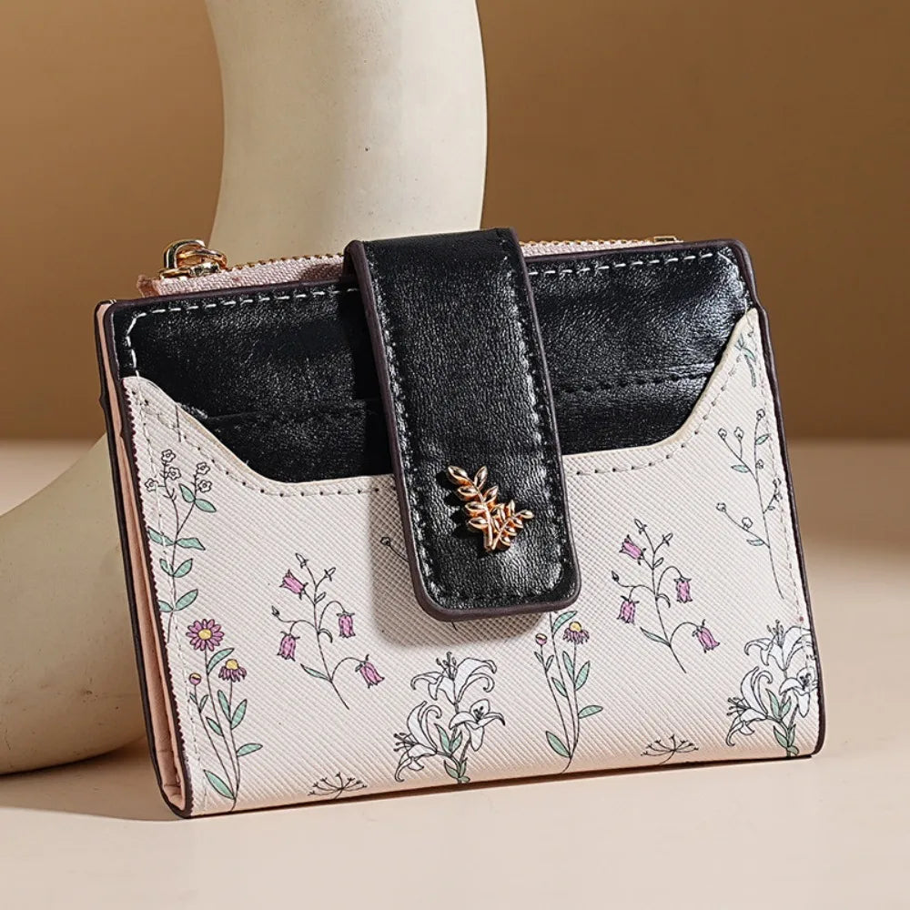 Slim PU Leather Zipper Wallet with Floral Detail