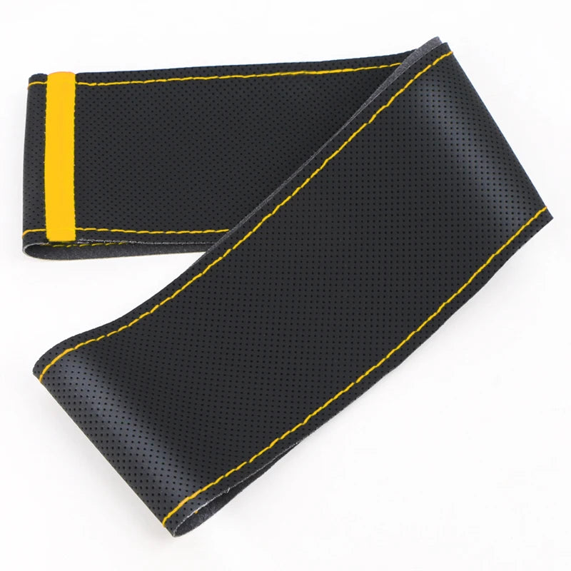 Black and yellow Napa leather steering wheel cover shown diagonally.