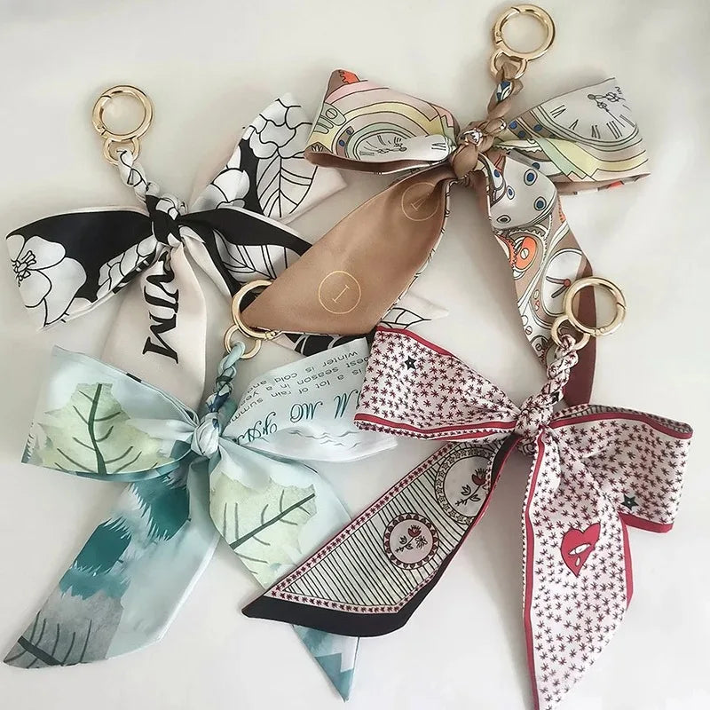 Chic Silk Bow Keychain with Ribbon Charm