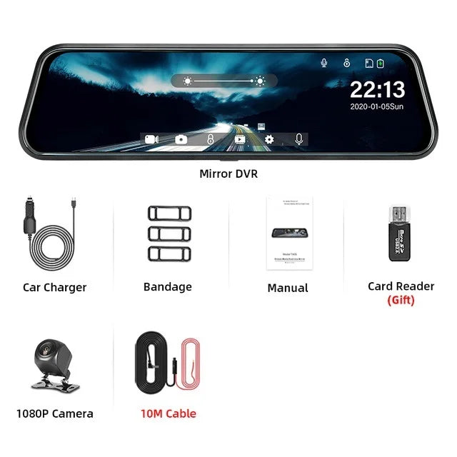 A black touchscreen rearview mirror dash cam displaying a night view and time, with accessories like a charger, bandage, manu