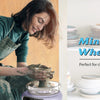 A woman is using a Mini Pottery Wheel Machine for pottery classes or home crafting.